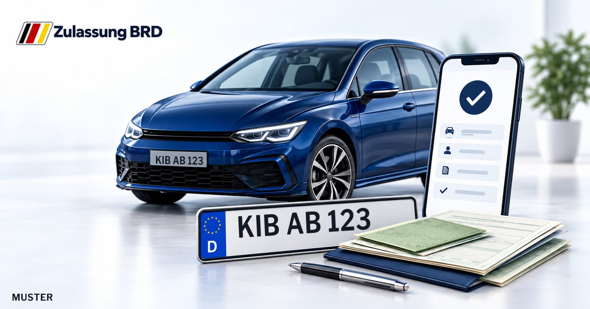 Online Fahrzeugzulassung in Donnersbergkreis: Musterkennzeichen KIB AB 123, Auto und Fahrzeugpapiere und Smartphone. Illustration mit Logo von Zulassung BRD.